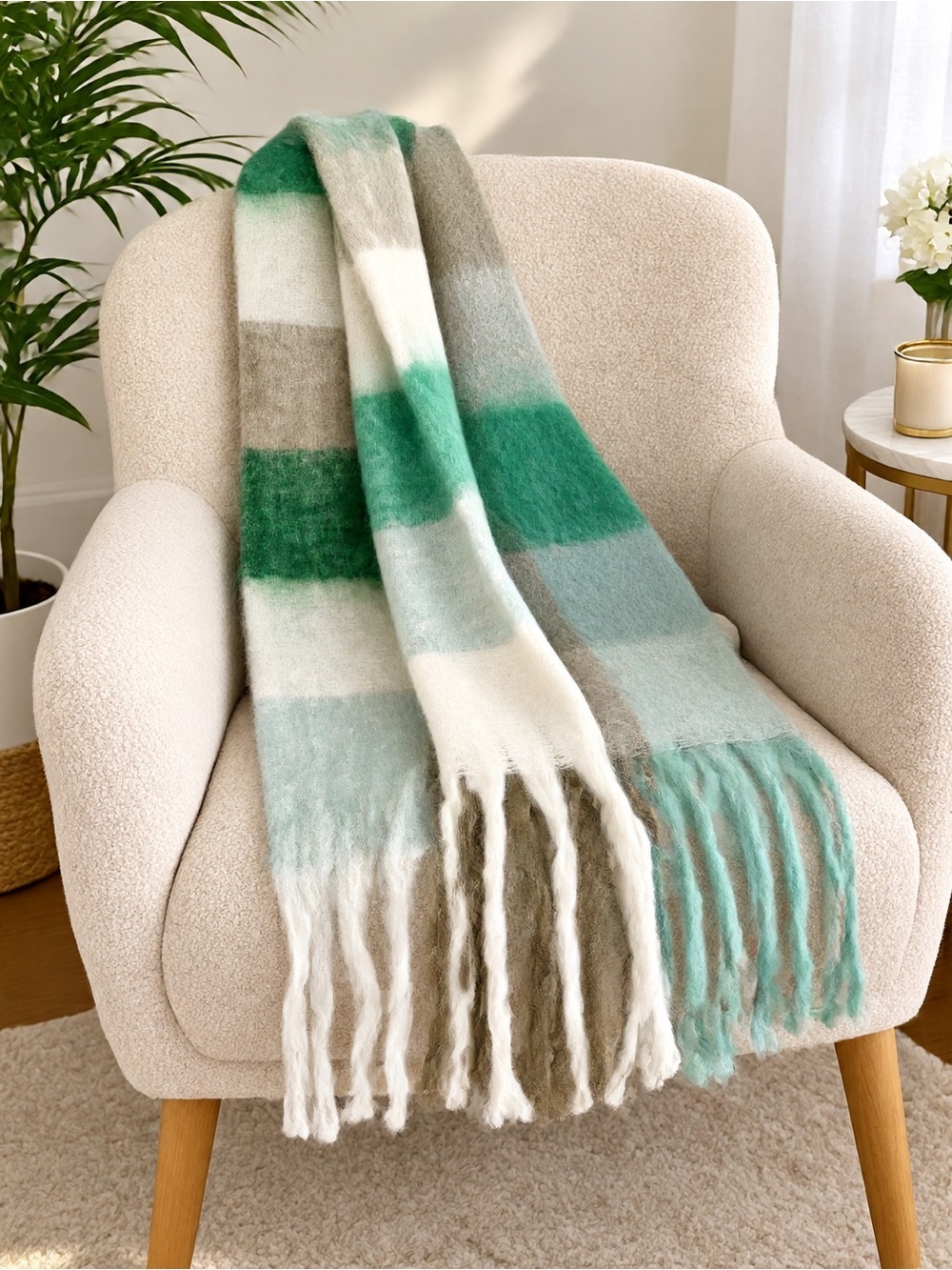 White & Mint Mohair Scarf Soft Fuzzy Winter Wrap 210x40 cm / 82x16 in Brand New